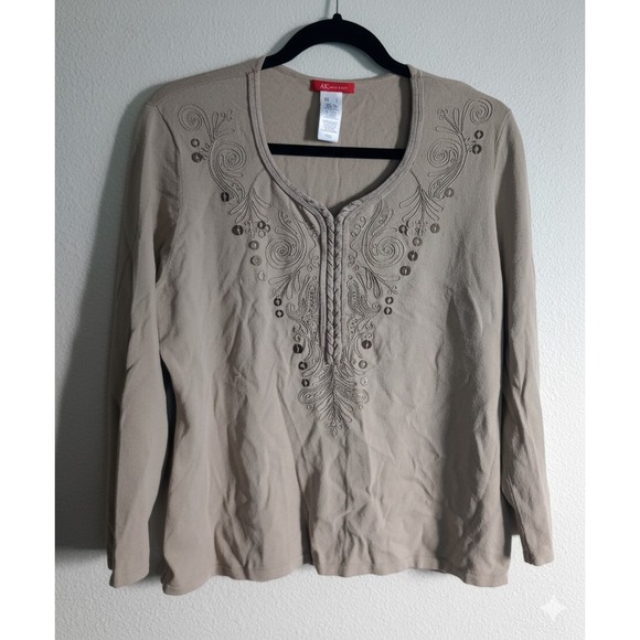 Anne Klein Tops - Anne Klein Embroidered Top Neutral Office Metal & Braid Detail Beige Size Large